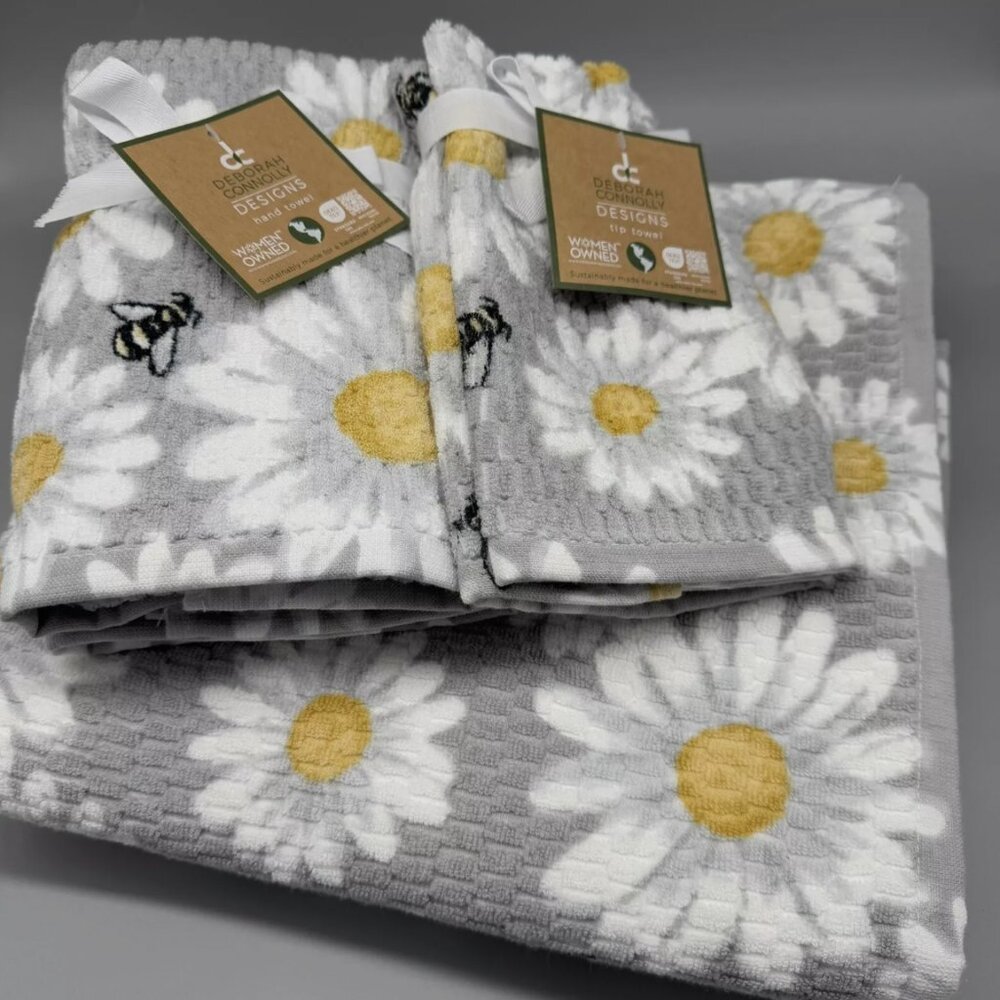 6pc Deborah Connolly Bumble Bee Bath Hand Fingertip Towel Set Gray Daisy Floral